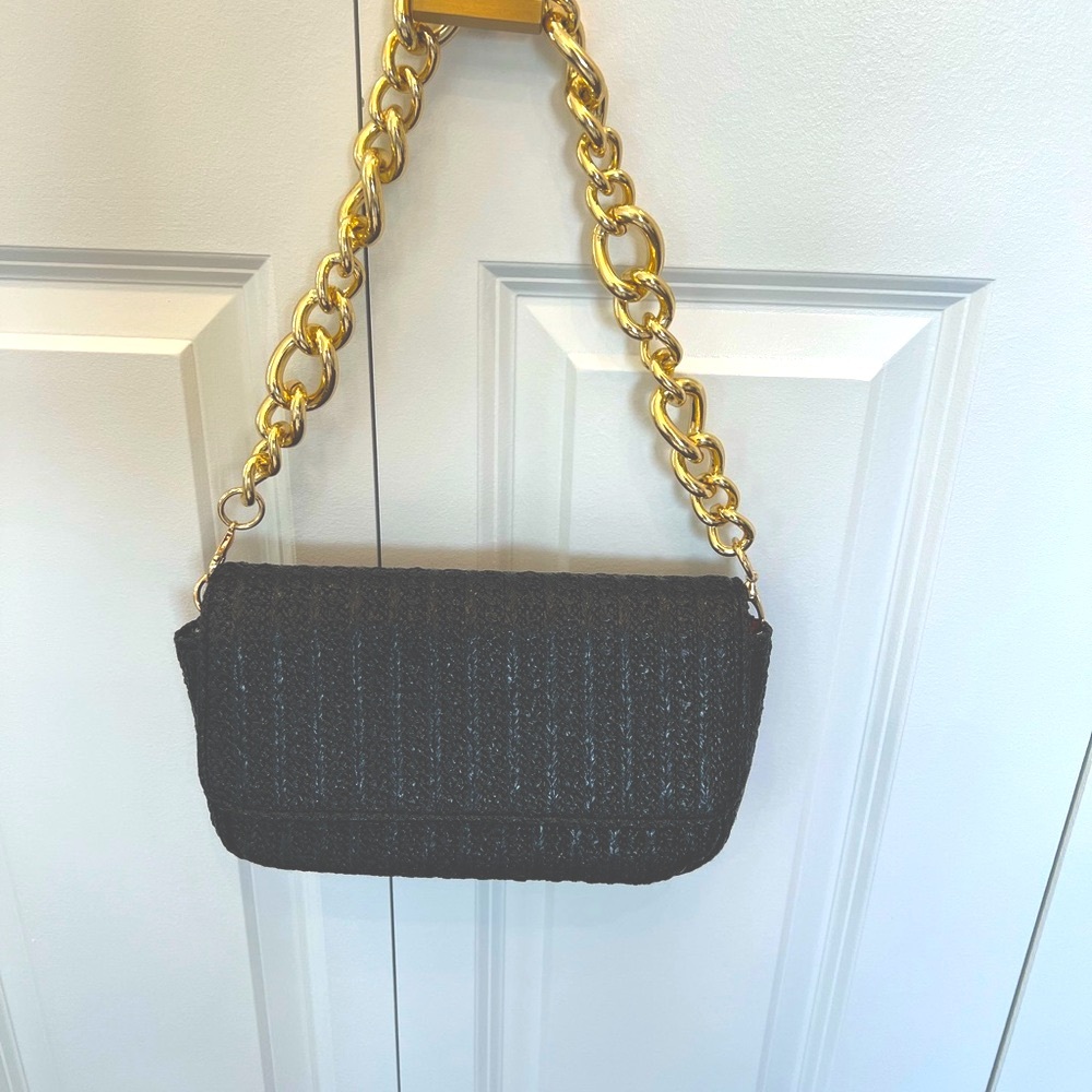 Black Woven Bag with Gold Chain